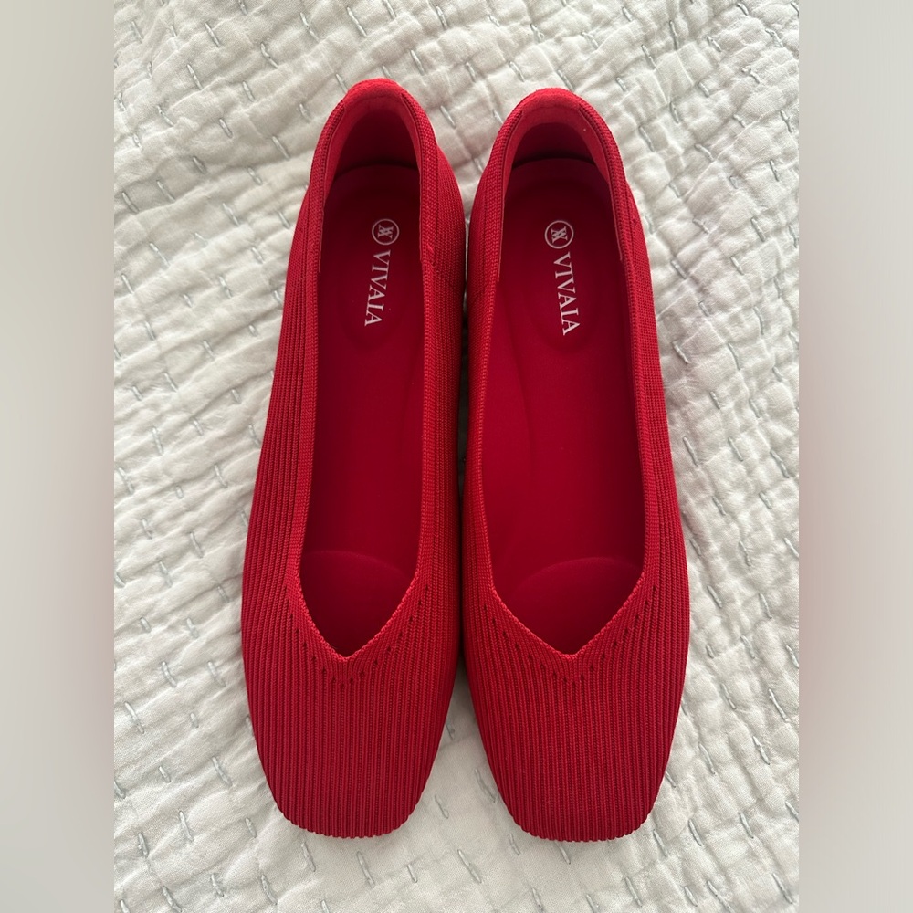 New Vivaia Margot Ballet Flat Shoe Square Knit Red Stretch Comfort Size 39.5/9